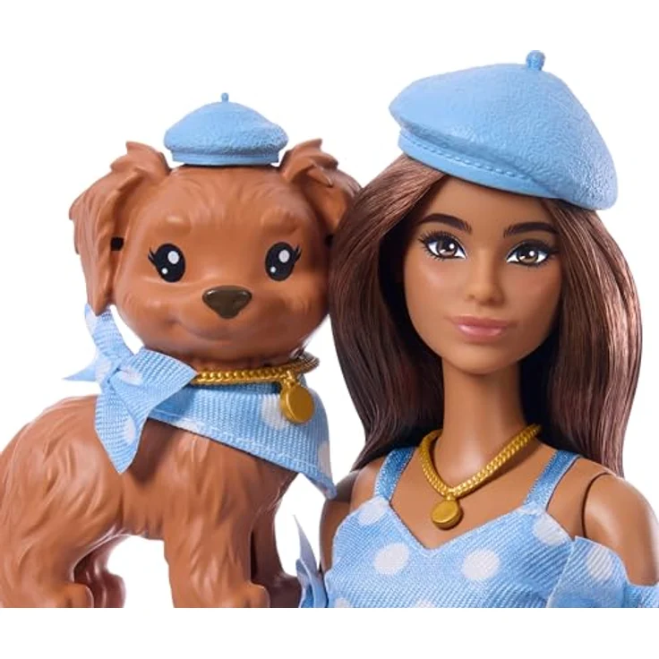 Barbie Twinning Looks JFP38, Puppe mit Hündchen im blauen Pünktchen-Outfit, mit Baskenmützen, Halsketten und Handtaschen, brünett – Bild 3