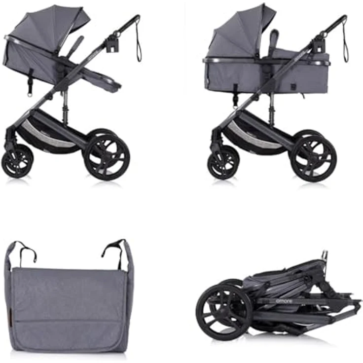 Chipolino Kinderwagen 2 in 1 Amore Getränkehalter Wickeltasche Fußabdeckung Korb, grau gemustert – Bild 3