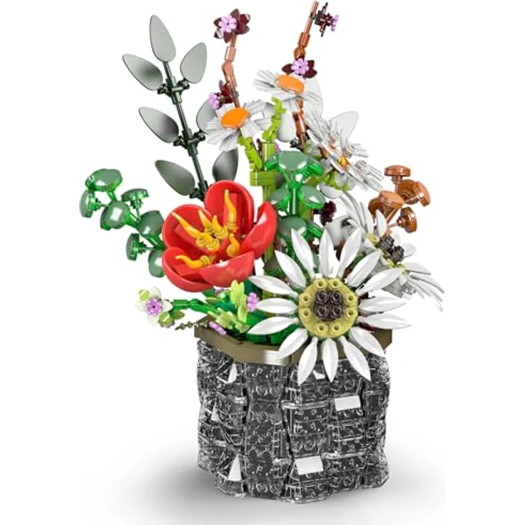 Mould King 24107 Blumen-Baustein-Set, DIY-Modell mit flexiblen Sonnenblumen, Tulpen und Gänseblümchen in Vase, 1157 Teile – Bild 4