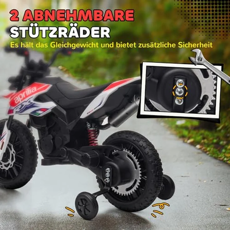 AIYAPLAY Kinder Elektro-Motorrad, 12V Aprilia Kindermotorrad mit Musik, 6 km/h, abnehmbare Trainingsräder, 12 Zoll Kunststoffreifen, max. 30 kg, Weiß – Bild 4