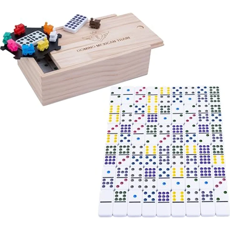 Engelhart Mexikanischer Domino-Zug 250127, Premium-Komplettset mit 55 Dominosteinen (9 mm) in Holzkiste, 8 bunte Lokomotiven, für 2 bis 4 Spieler – Bild 1