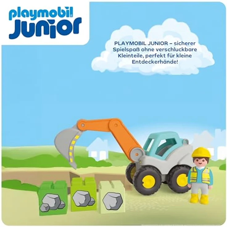 PLAYMOBIL® 71684 Schaufelbagger - Playmobil Junior mit beweglichem Schaufelarm, 1 Bauarbeiterfigur, 3 Bausteine und Warndreieck – Bild 5