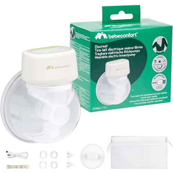 Bebeconfort Diskrete Milchpumpe Handsfree, elektrische, leise Milchpumpe mit 3 Pumpmodi, 15 Saugstufen, langlebigem Akku und 210 ml Behälter