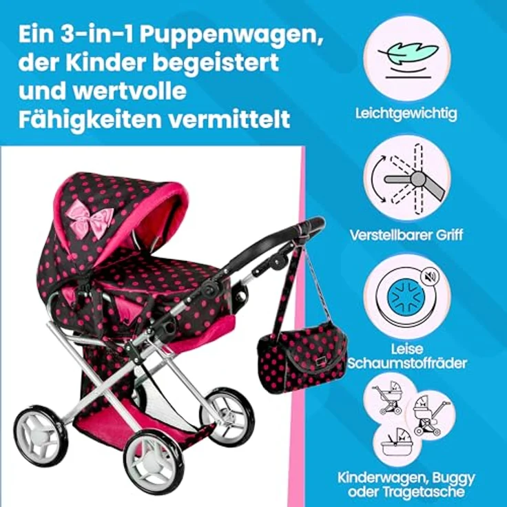 Kinderplay Kinderwagen Spielzeug - 3 in 1 Puppenwagen mit Tragetasche, Höhenverstellbar 34.5 cm bis 64 cm, KP0200G, in Grün – Bild 3