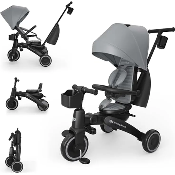 Kinderkraft Jazz 3, faltbares Dreirad mit 360° drehbarem Sitz, Halbliegeposition, UPF 50+ wasserabweisendes Verdeck, Freilauf- und Lenkermodus, Grau