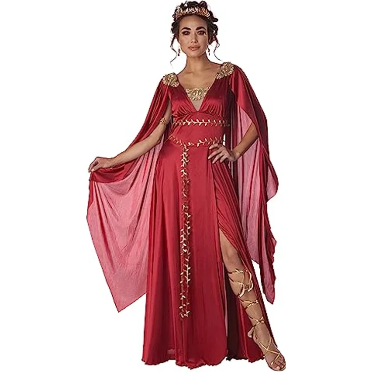 California Costumes Rotes römisches Göttin-Kostüm für Damen, L, einfarbig mit tiefem V-Ausschnitt und Oberschenkel-hohem Schlitz
