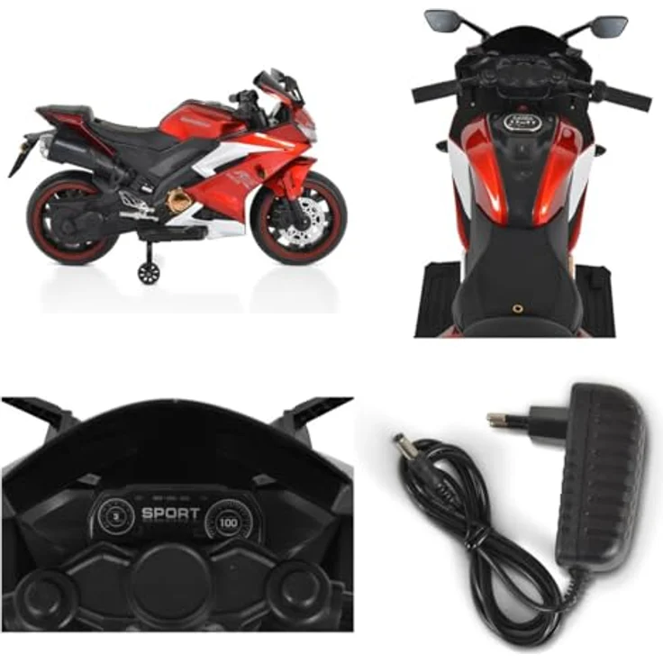 Moni Elektro-Kindermotorrad Motocross, Belastbarkeit 30 kg, MP3-Funktion Bluetooth Stützräder Lichter, in Rot – Bild 6