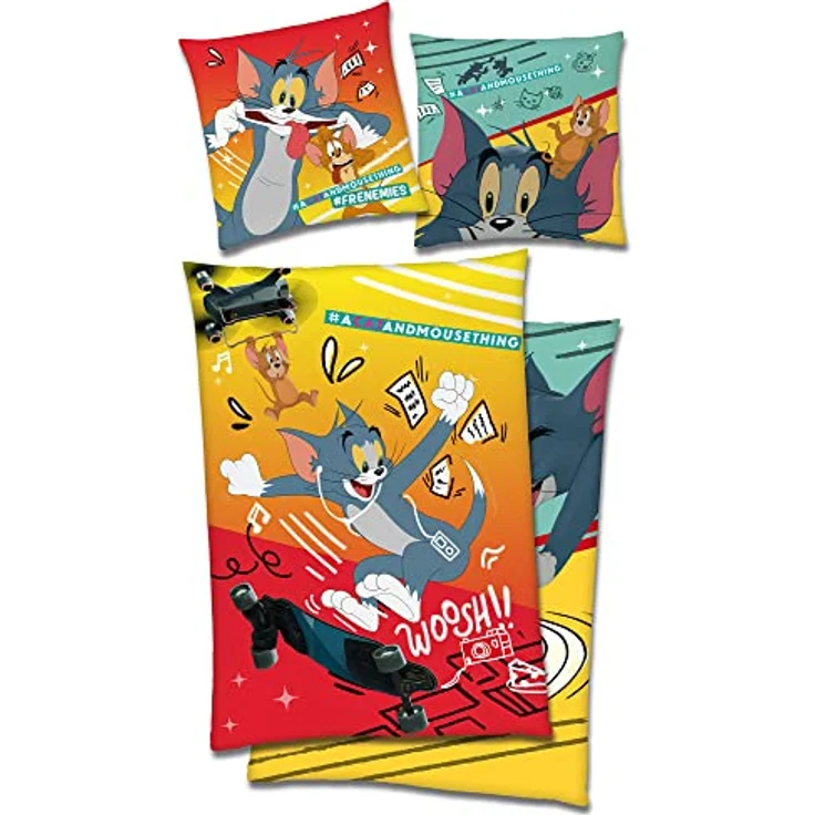 BERONAGE Tom & Jerry Kinder-Bettwäsche 135 x 200 + 80 x 80 100% Baumwolle Renforcé-Linon Spike Nibbles Comic Cat Mouse Wende-Bettwäsche 2 Motive, deutsche Größe, bunt – Bild 1