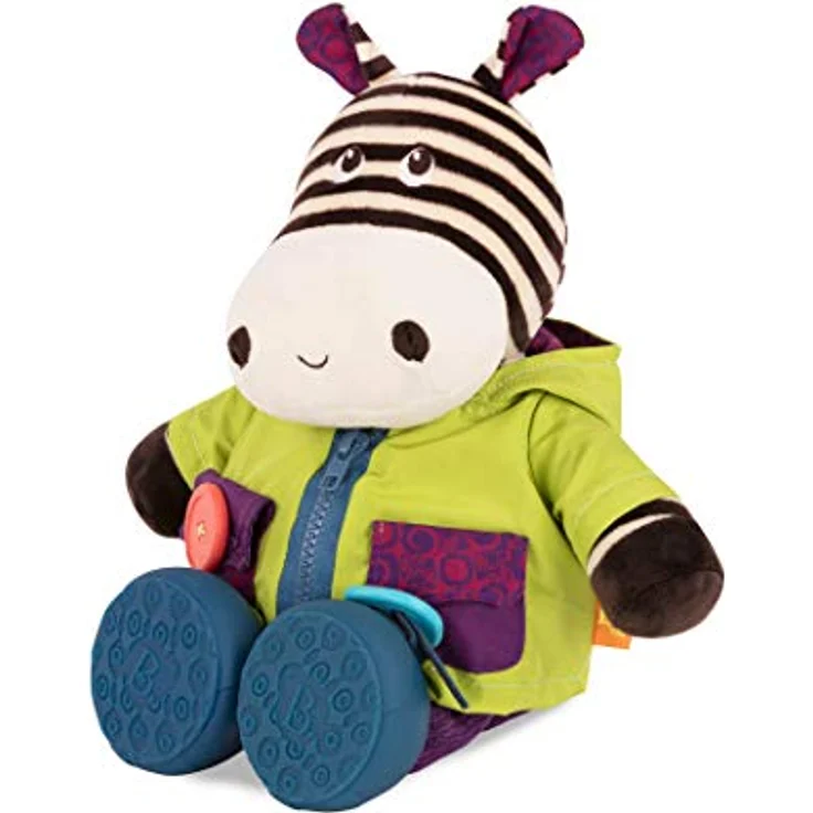 B. toys Zebra Kuscheltier zum Anziehen lernen – Schleife, Reißverschluss, Klettverschluss, Knopf – Lernspielzeug mit Geräuschen für Kinder ab 2 Jahre – Bild 8