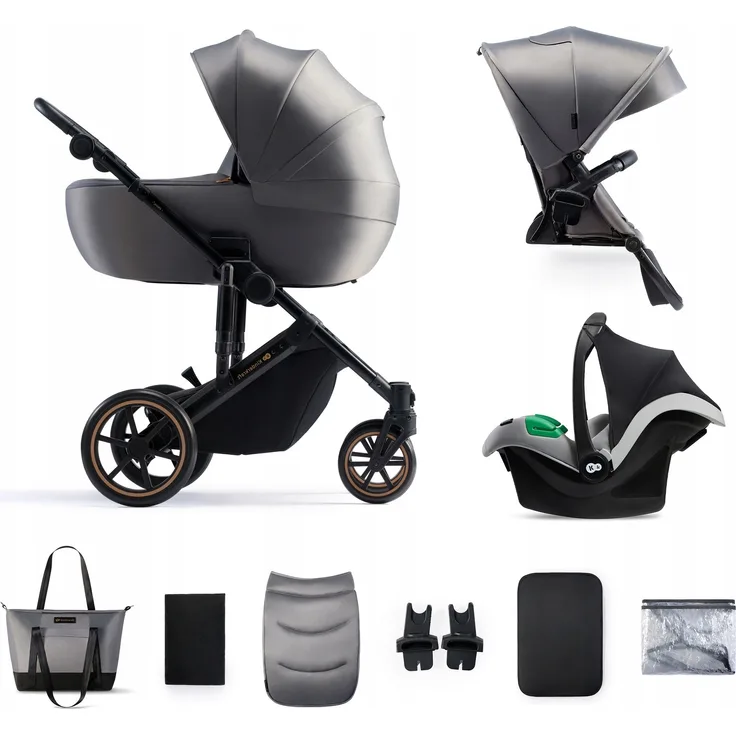 Kinderkraft PRIME 2 3-in-1 Kombikinderwagen, bis 22 kg, inkl. Babytragetasche und Autositz MINK PRO, vollgefederte Gummiräder, wasserdichtes Verdeck, Grau