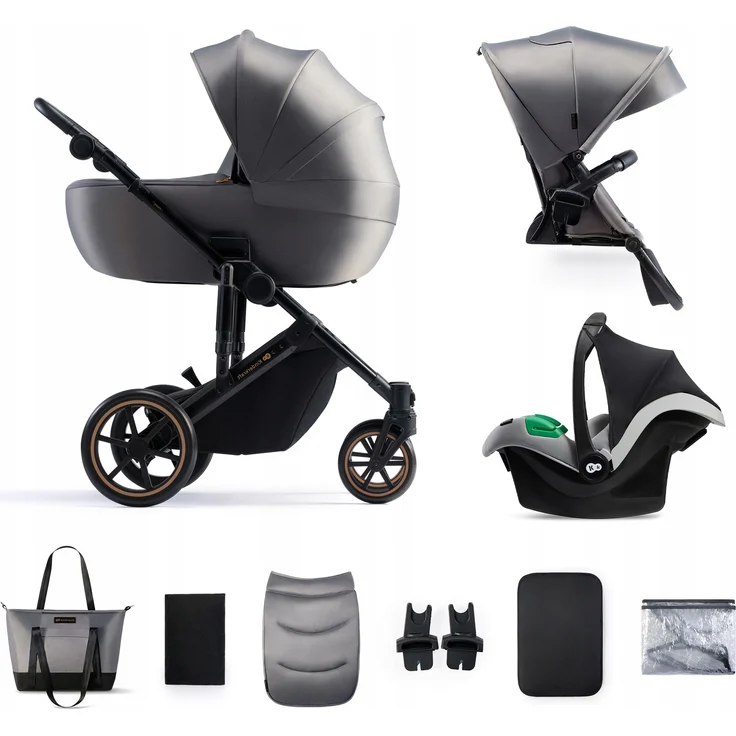 Kinderkraft PRIME 2 3-in-1 Kombikinderwagen, bis 22 kg, inkl. Babytragetasche und Autositz MINK PRO, vollgefederte Gummiräder, wasserdichtes Verdeck, Grau