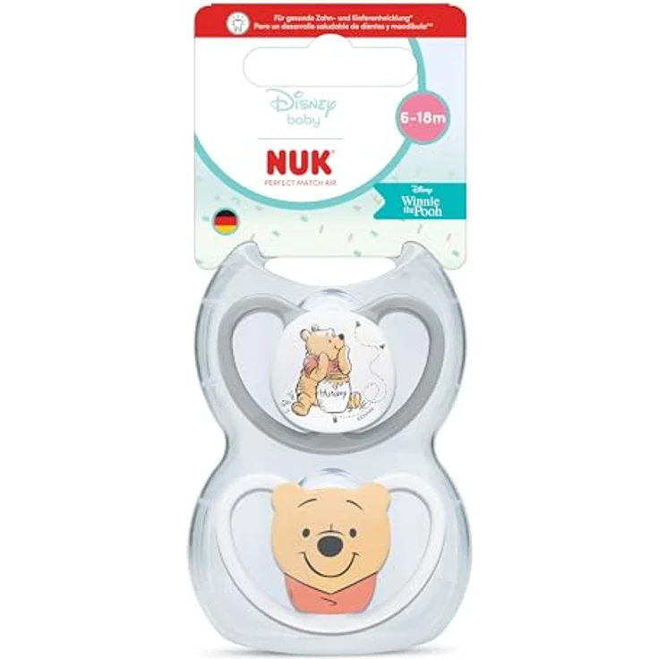 NUK Perfect Match Air Baby Schnuller, 6-18 M, orthodontisch, luftzirkulationsfördernd, 95 % Baby-Akzeptanz, Disney Winnie Puuh, 2 Stück – Bild 1