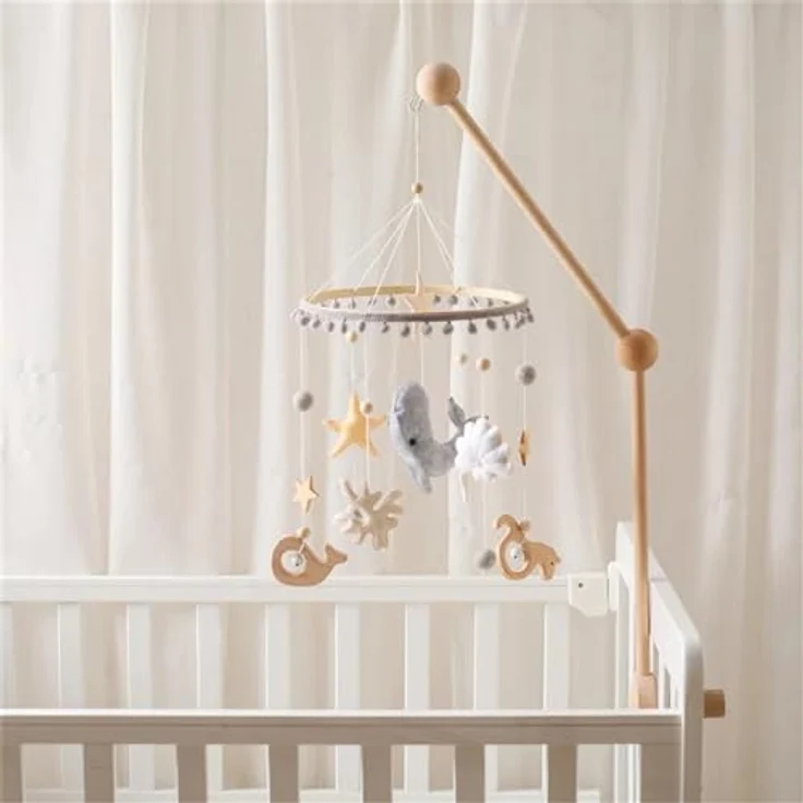 Herfair 3D Delphine Mobile Baby Holz mit Filzbällen, handgefertigtes Windspiel für Babybett, grau – Bild 2