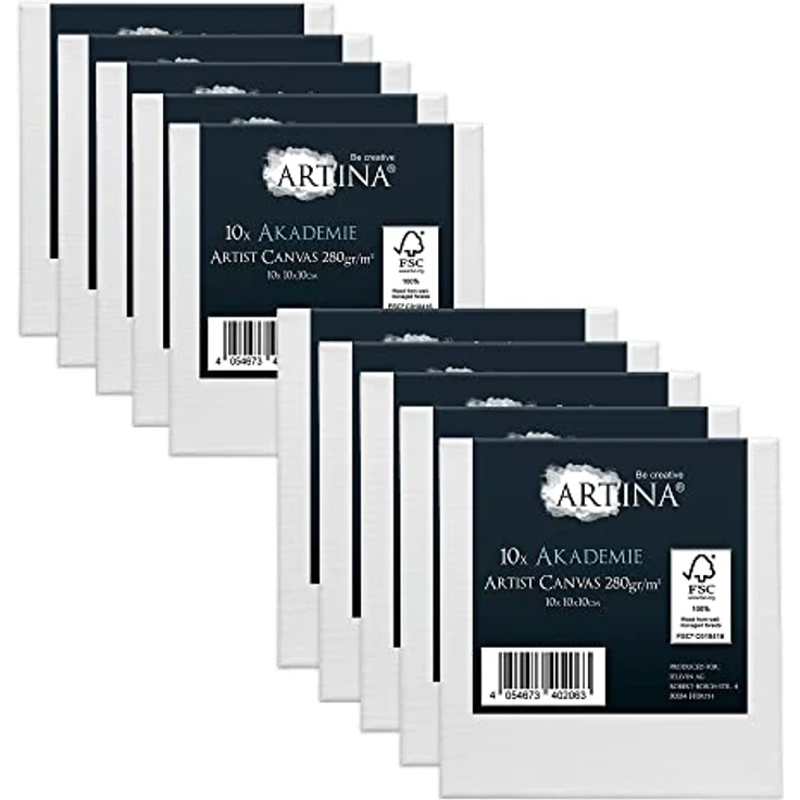 Artina FSC® Keilrahmen 10er Set Akademie 10x10 cm – Leinwand Set Maltuch aus 100% Baumwolle Leinwände 280 g/m² - Keilrahmenset Leinwand zum Bemalen für Acryl-, Aquarell-, Ölfarbe uvm – Bild 2