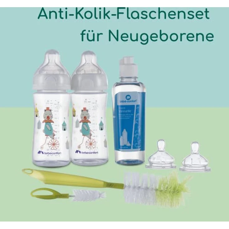 Bebeconfort Emotion Geburtsset, Babyflaschen Geschenkset mit 2x 270 ml Flaschen, 2 Anti-Kolik-Saugern, Flaschenbürste 2 in 1 und Geschirrspülmittel 250 ml, 0-24 Monate – Bild 2