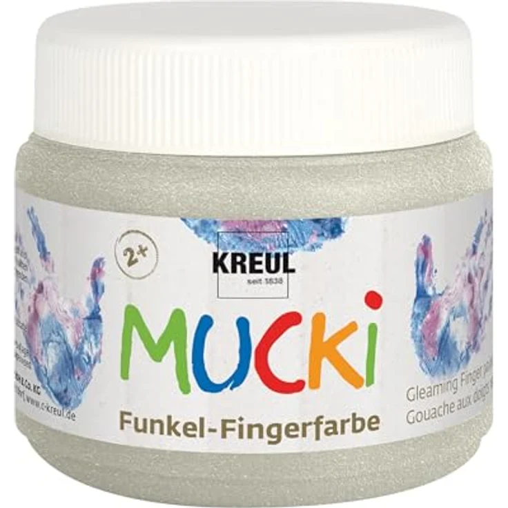 KREUL MUCKI Funkel Fingerfarben, 6 Glitzerfarben in Diamanten-Blau, Zauber-Lila, Feenstaub-Rosa, Drachen-Silber, Smaragd-Grün, Goldschatz, vegan, gut auswaschbar – Bild 7