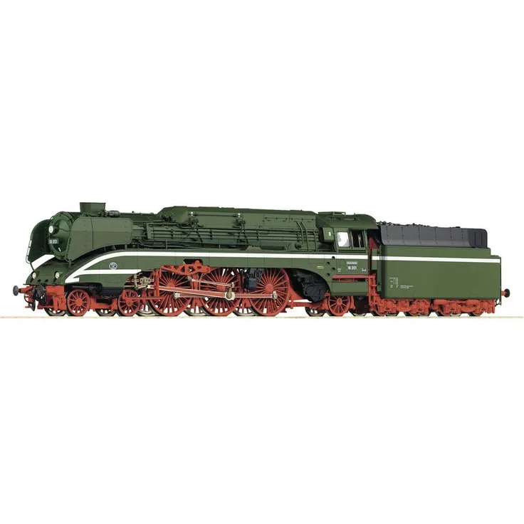 Roco Diesellokomotive Roco 7100006 H0 Schnellfahr-Dampflok 18 201 mit Kohlefeuerung der DR, Vorbildgerechte Umsetzung, PluX16-Schnittstelle, LED-Beleuchtung, drei spitze Zierlinien, feine Metallradsätze, nachrüstbarer Rauchgenerator