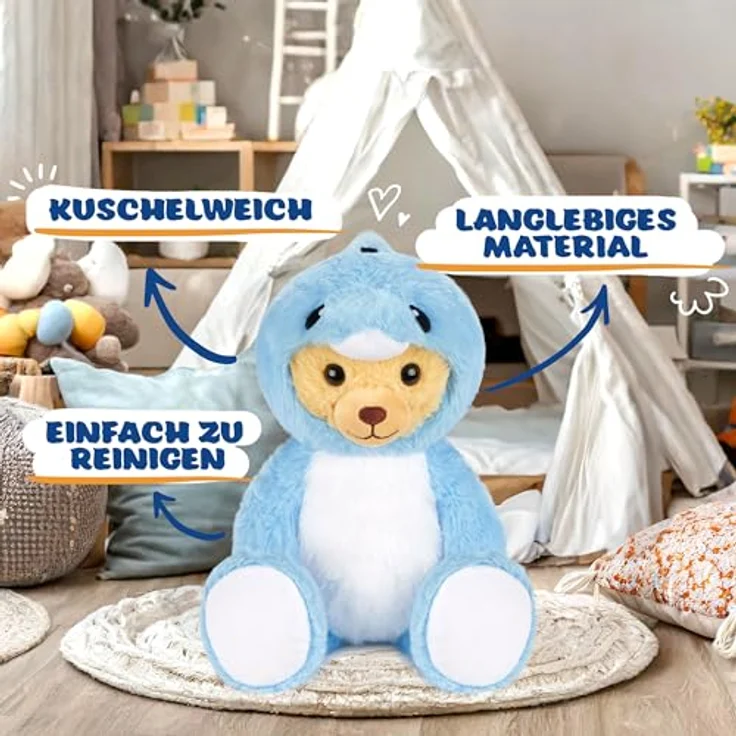 BRUBIES Teddy Delfin, 25 cm Teddybär im blauen Delfinkostüm mit abnehmbarer Kapuze, kuscheliges Plüschtier für Kinder, pflegeleicht – Bild 5