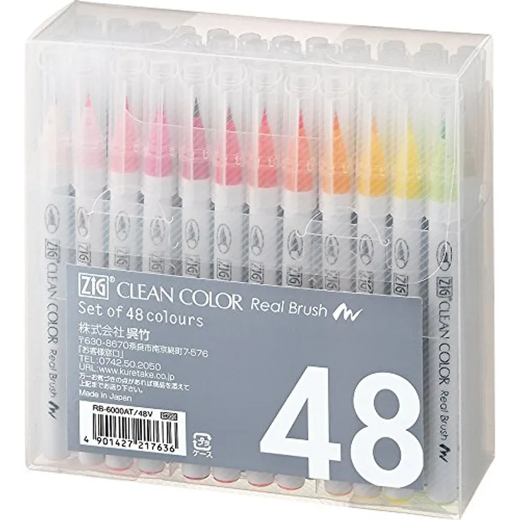 Kuretake Zig Clean Color Real Brush (48 Colors) - Set mit wasserbasierten Pinselstiften, kann dicke und dünne Linien zeichnen