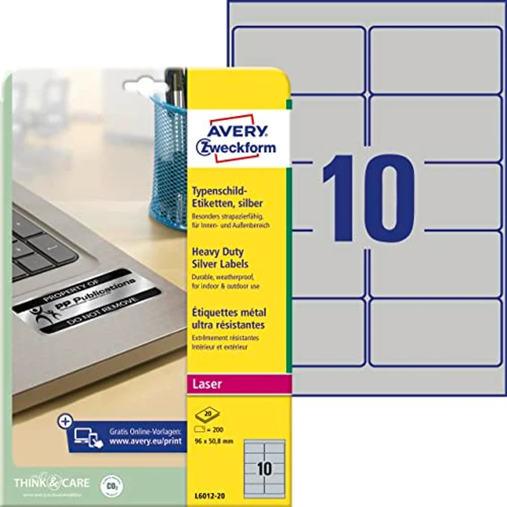 Avery Zweckform L6012-20 Typenschild Folienetiketten, 200 silberne Aufkleber auf wetterfester Klebefolie, 96x50,8 mm, selbstklebend – Bild 1