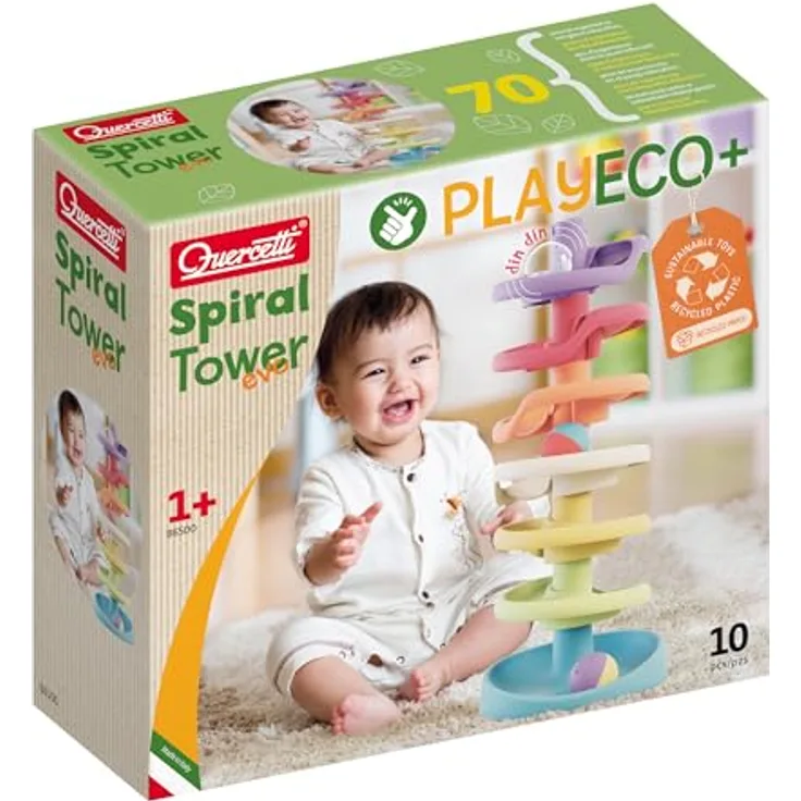 Quercetti Play Bio Spiral Tower, Murmelspielturm aus 7 Elementen für Kleinkinder ab 12 Monaten, inkl. 3 Rassel-Kugeln, fördert Hand-Augen-Koordination