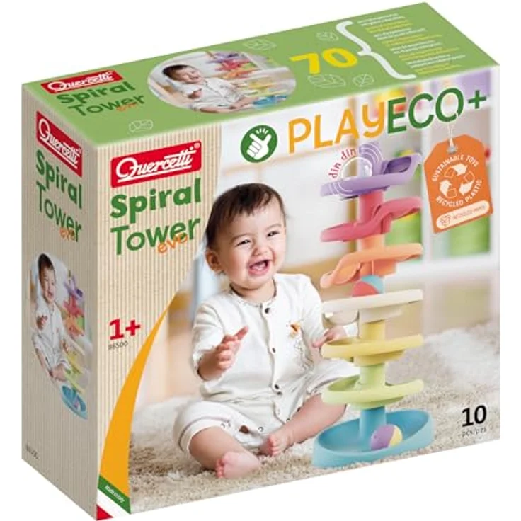 Quercetti Play Bio Spiral Tower, Murmelspielturm aus 7 Elementen für Kleinkinder ab 12 Monaten, inkl. 3 Rassel-Kugeln, fördert Hand-Augen-Koordination – Bild 1