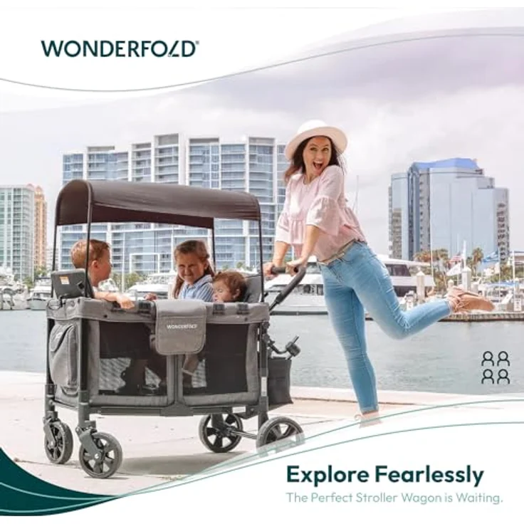 WONDERFOLD W4 4-Sitzer-Multifunktions-Quad-Kinderwagen, Grau mit abnehmbaren erhöhten Sitzen und verschiebbarem Verdeck – Bild 2