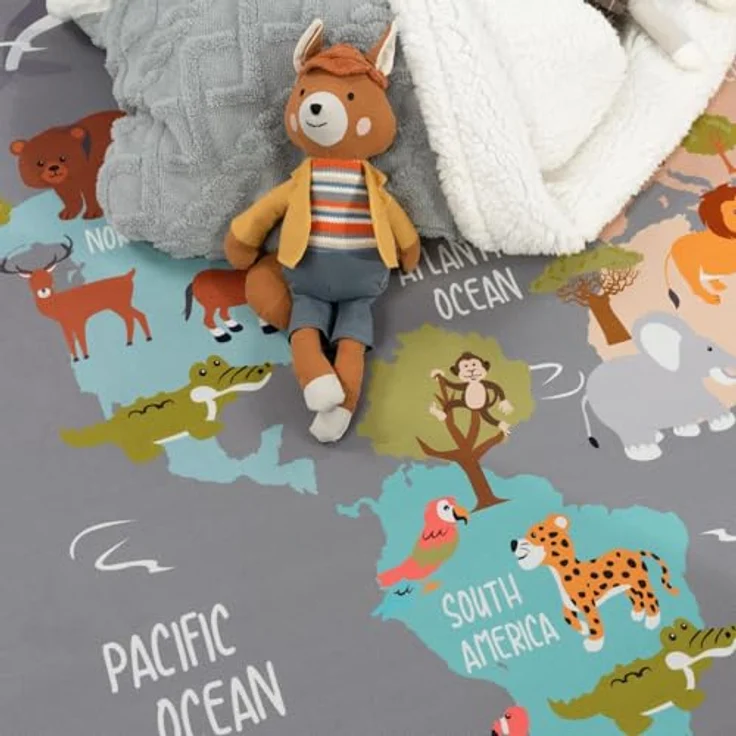TT Home Kinderteppich, rutschfest mit Tiere Weltkarte und Autos, grau-blau-braun, 200 cm rund, 100% Polyester – Bild 3