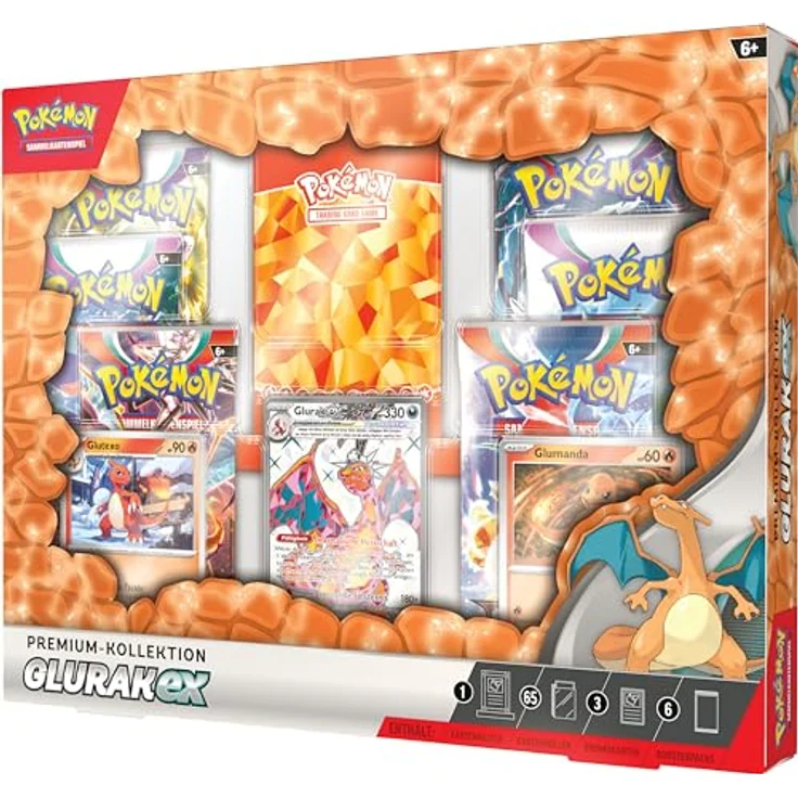 Pokémon-Sammelkartenspiel: Premium-Kollektion Glurak-ex (1 geprägte holografische Promokarte, 2 holografische Karten und 6 Boosterpacks des Pokémon-Sammelkartenspiels) - Preisvergleich – Bild 3