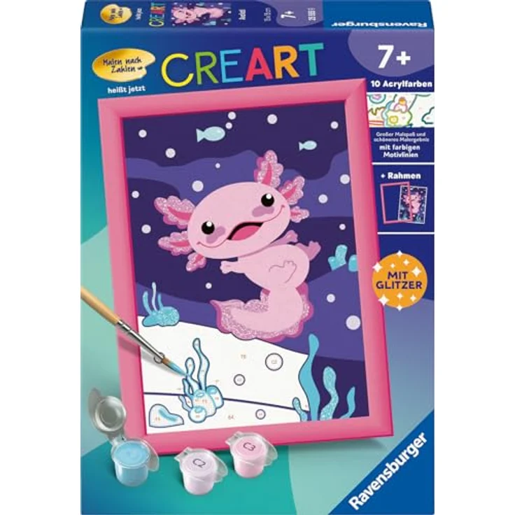 Ravensburger Malen nach Zahlen CreArt, Axolotl, Made in Europe, Malset mit farbigen Motivlinien, 10 Acrylfarben, für Kinder ab 7 Jahren – Bild 2