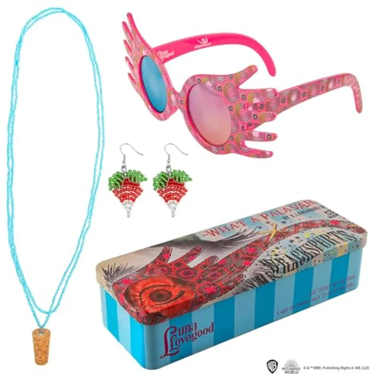 Cinereplicas Harry Potter: Luna Lovegood Schmucktrio, inklusive Spectrespecs, Kork-Halskette und Radieschen-Ohrringe, detailreiches Kostümzubehör – Bild 2