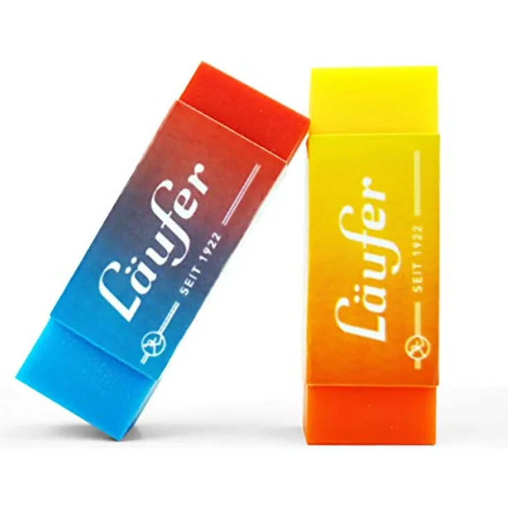 Läufer 69825 Plast Color Radiergummi, zweifarbig, radiert zuverlässig Bleistifte und Buntstifte, Blisterkarte enthält 2 Radierer für Schule, zuhause und im Büro, zweifarbig orange-gelb und rot-blau