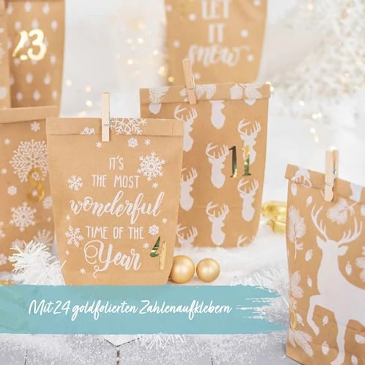 Papierdrachen Adventskalender 2025, DIY Befüllbarer Weihnachten Kalender mit 24 bedruckten Kraftpapiertüten, Motiv Cozy Winter weiß, inkl. Zahlenaufklebern & Klammern, wiederverwendbar – Bild 3