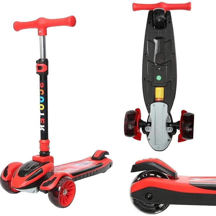 Europebazar Habib Train Scooter Kinderroller | 3-Rad, LED-Licht, faltbar, verstellbarer Lenker, rot