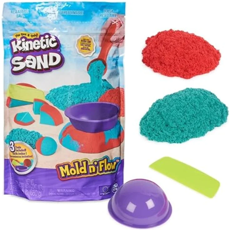 Spin Master Kinetic Sand Spielset Mold n' Flow, 2 Farben (Rot & Türkis) mit 3 Werkzeugen zum Formen und Gestalten – Bild 1