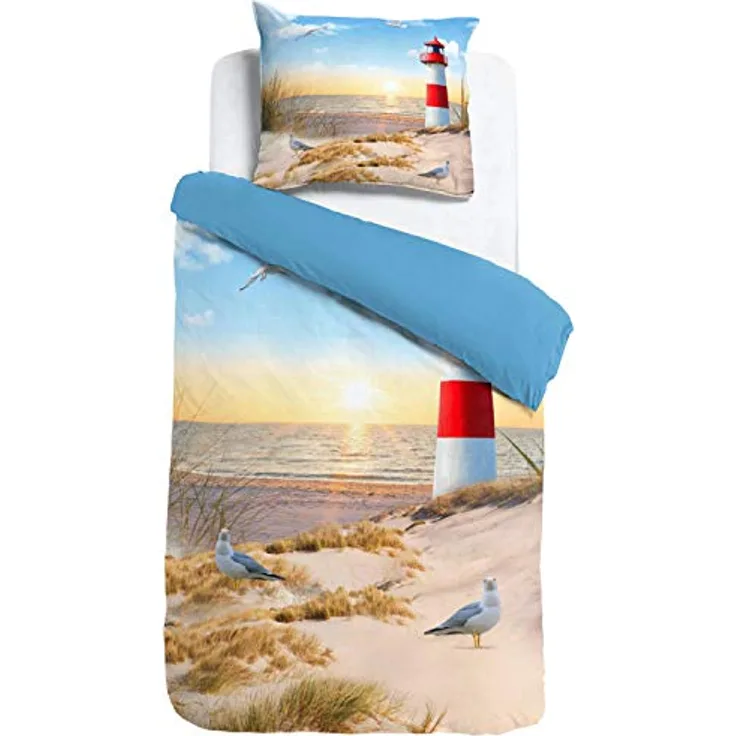 ESPiCO Wende Bettwäsche Sleep and Dream Leuchtturm Bunt Strand Möwe Sturmmöwe Vögel Ostsee Nordsee Sonnenuntergang Düne Renforcé, Größe:135 cm x 200 cm