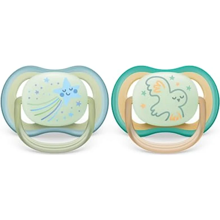 Philips Avent ultra air Nighttime Schnuller – 2er Pack, BPA-freier, atmungsaktiver, im Dunkeln leuchtender Schnuller für Babys von 0-6 Monaten, inklusive Transport- und Sterilisationsbox, Eule/ Sternschnuppe (Modell SCF376/18) – Bild 1