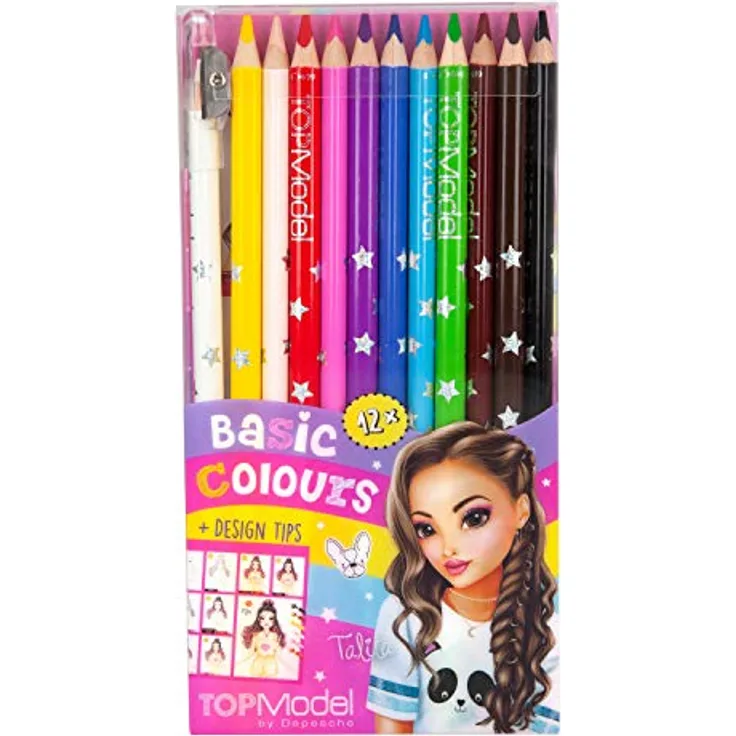 Depesche 6694 TOPModel - Buntstifte Basic Farben, 12 Stifte in 12 leuchtenden, intensiven Farbtönen, inklusive Spitzer und Malschule, 13 Stück (1er Pack)