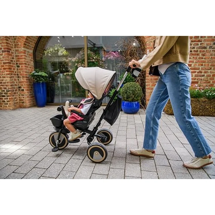 MoMi IVI 3-in-1 Kinderdreirad, beige, mit 360° drehbarem Sitz, Schiebestange & Sonnendach, 3-Punkt-Gurt, PU-Räder – Bild 12