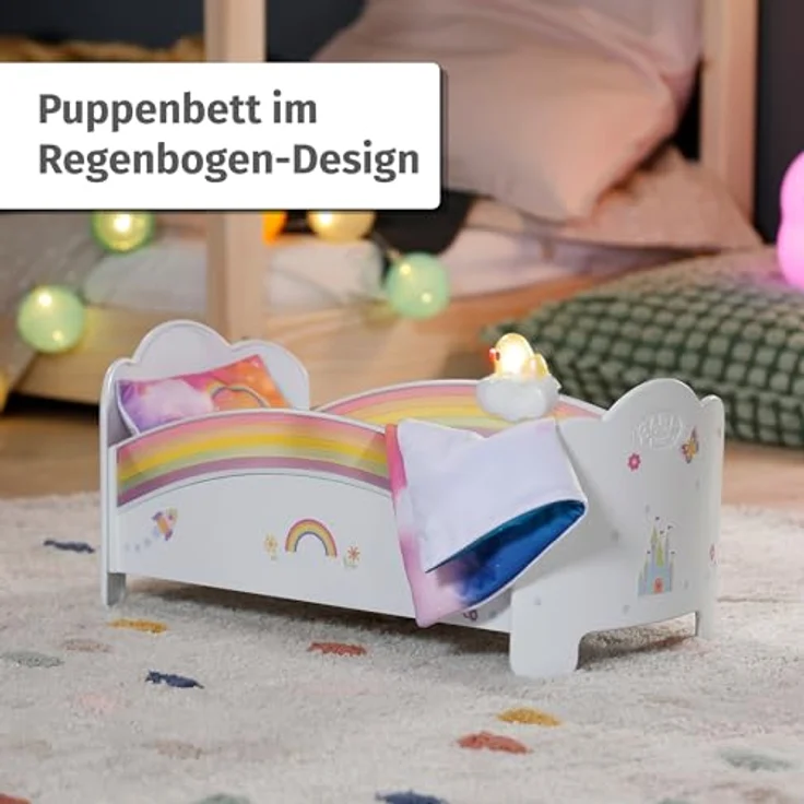 BABY Born Regenbogenbett, Puppenbett mit Regenbogenlichtern und beruhigender Einschlafmelodie inkl. Wendebettwäsche, 835999 Zapf Creation – Bild 2
