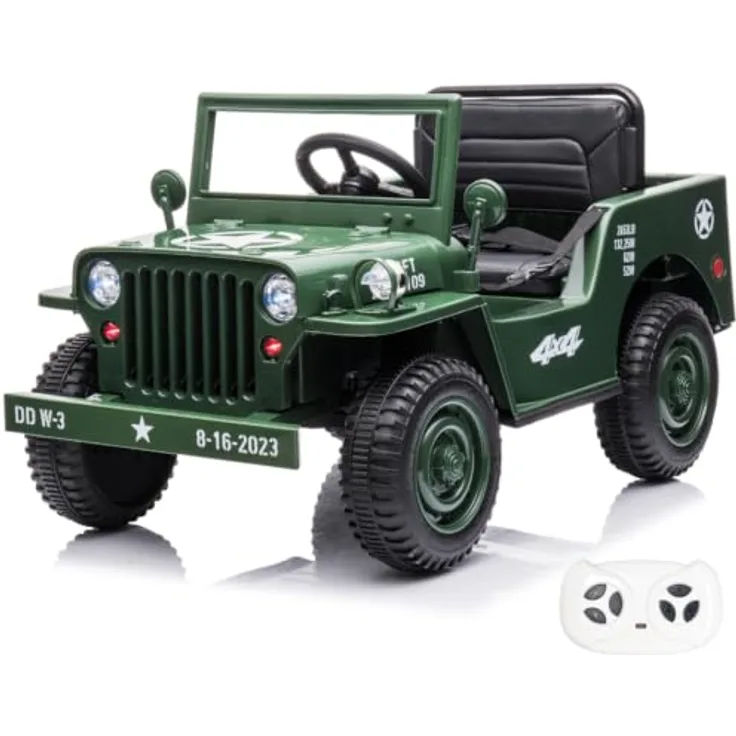Kijana Willys Elektro-Armeeauto für Kinder 12V - Grün, mit 2 Motoren, Soft-Start-Funktion, MP3-Player und elterlicher Fernbedienung