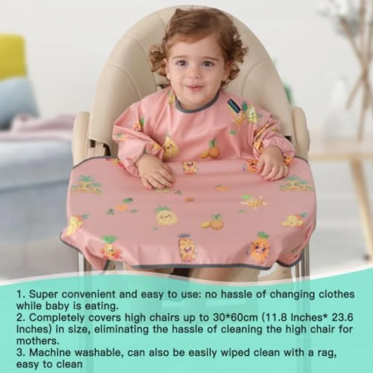 PewinGo Baby Lätzchen mit Ärmeln, wasserdicht und maschinenwaschbar, für Hochstühle, rosa, geeignet für Babys von 6 bis 30 Monaten – Bild 2