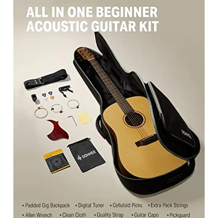 Donner Akustik Gitarre 4/4 Anfänger Erwachsene Akustikgitarre Einsteiger Kit 41 Zoll voller Größe Gitarren Starter Mahagoni Fichte mit 6 Saiten Tasche Capo Plektren Gurt – Bild 4