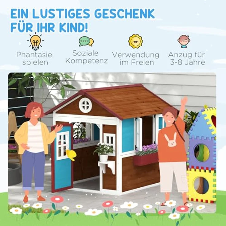Outsunny Kinderspielhaus aus Holz, Outdoor Spielhaus mit Fenster, Blumenregal und Pflanzenkasten, für Kinder 3-8 Jahre, dunkelbraun – Bild 5