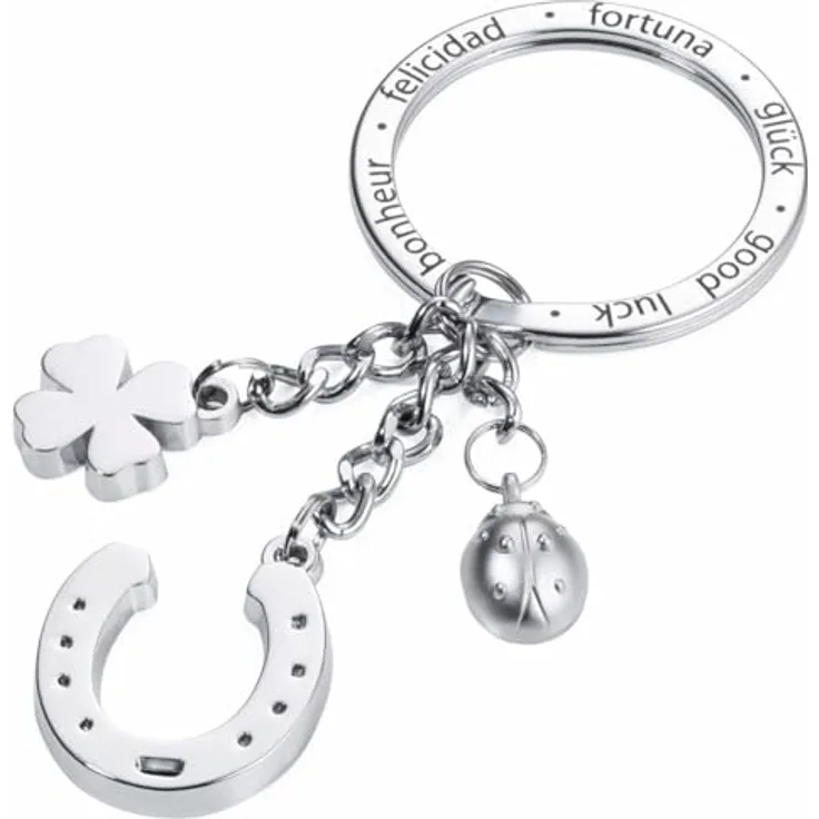 TROIKA GLÜCKSBRINGER Hufeisen Schlüsselanhänger, 11 cm, Silber - mit graviertem XL-Ring "Glück" in verschiedenen Sprachen