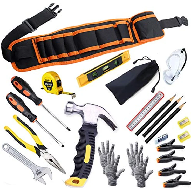 QeeHeng Kinder-Werkzeug-Set, 25-teiliges echtes Handwerkzeug für junge Bauarbeiter, inkl. Gürtel und Hammer, ideal für Anfänger und DIY-Projekte, mit Sicherheitsbrille und Werkzeugtasche – Bild 1