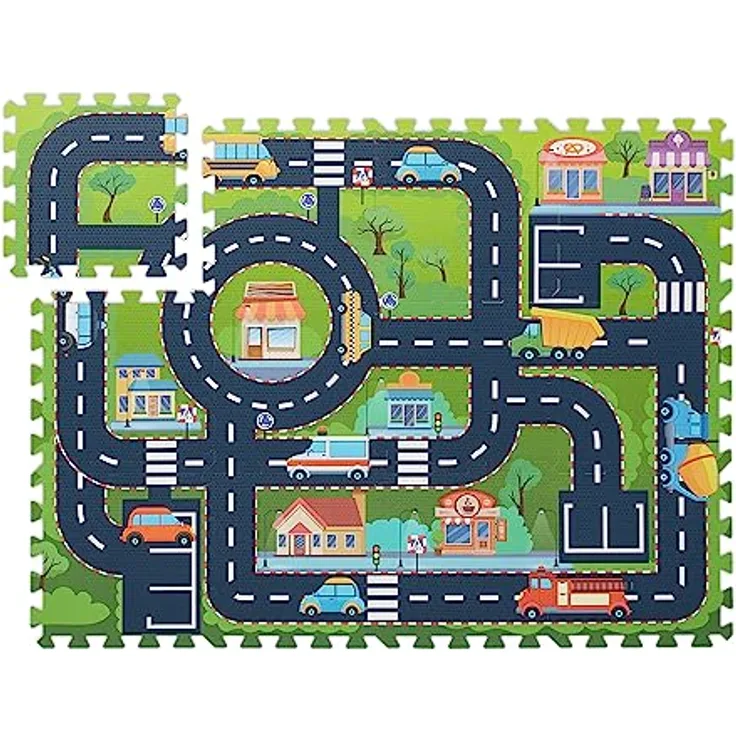 Relaxdays 10046810 Puzzlematte Straße, 12-teilige Spielmatte, schadstofffrei, Eva Schaumstoff, Kinderzimmer, 114 x 86 cm, bunt