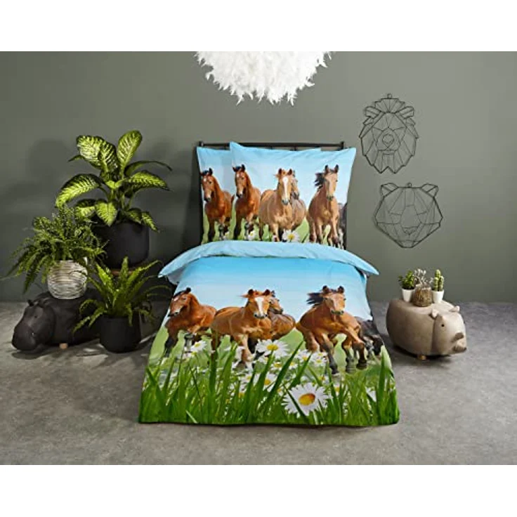 Traumschloss Renforcé Bettwäsche »Horses«, Pferde, Wiese, grün, 135x200 & 80x80, 100% Baumwolle, atmungsaktiv & weich, Kinderbettwäsche-Set mit Reißverschluss bestehend aus Kissen und Bettbezug – Bild 2