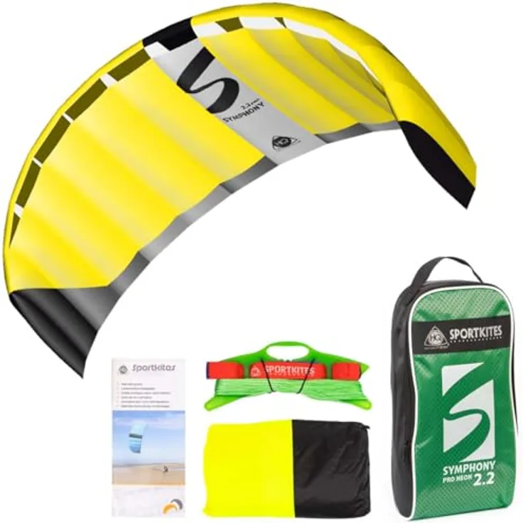 HQ HIGH QUALITY DESIGN Symphony Pro 2.2 Neon Yellow, Zweileiner Lenkmatte ab 14 Jahren, 73x220cm, inkl. 160kp Dyneemaschnüre 2x25m auf Winder mit Schlaufen, 2-6 Beaufort
