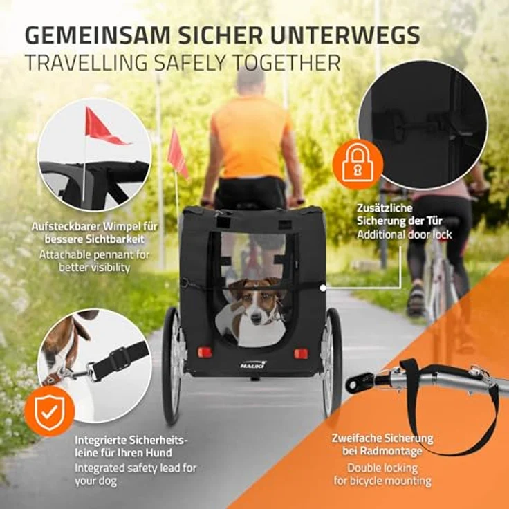 Hauki Fahrradhundeanhänger & Hundebuggy klappbar, 130x72x90 cm Schwarz mit Reflektoren Leine und Flagge bis 4 – Bild 5